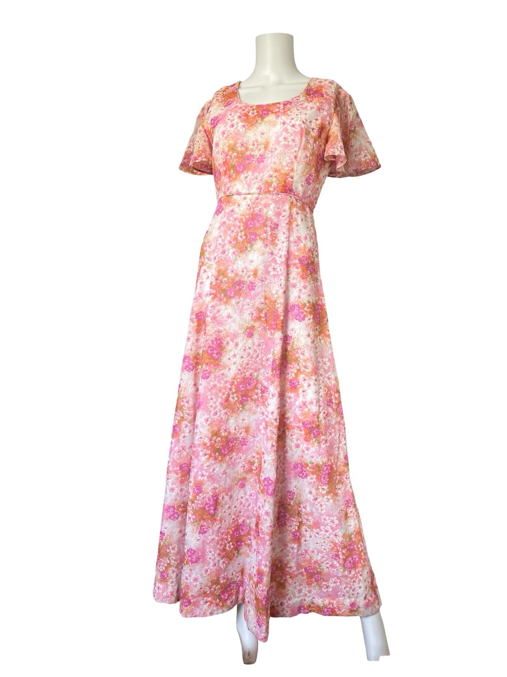 Vintage Handmade Maxi Dress Garden Floral Flutter Sleeve Pink Orange Bohemian